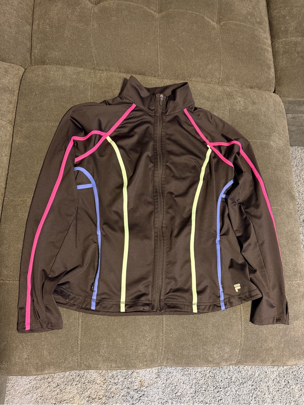 FILA Women’s Black Zip-Up Workout Jacket with Pink, Green & Blue Neon Piping - Picture 2 of 12